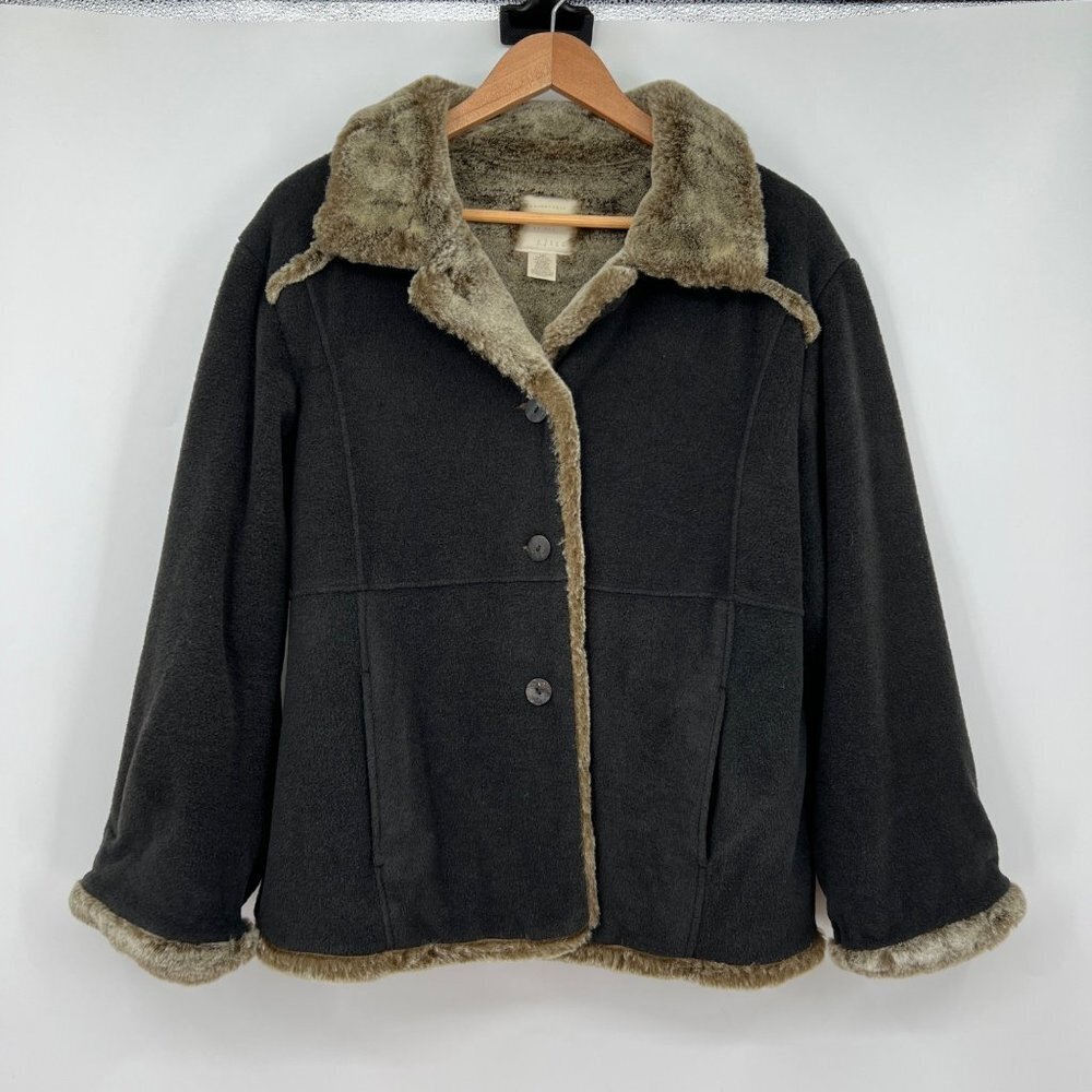 J Jill women’s faux fur thick coatigan/ jacket in gray button down woman's size